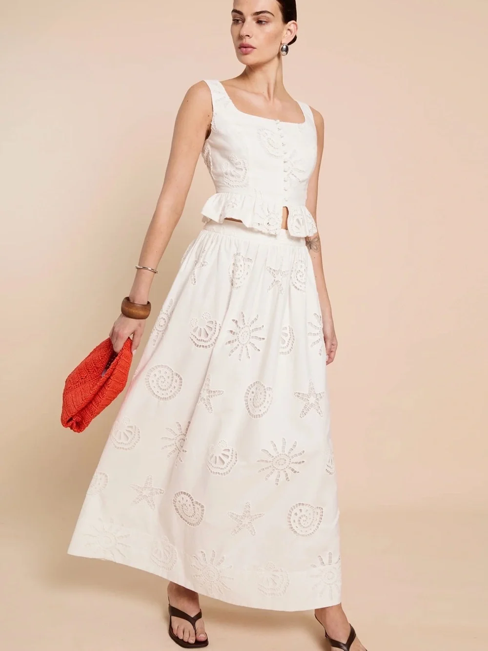 White Eyelet Maxi Skirt with Embroidered Motifs - Women